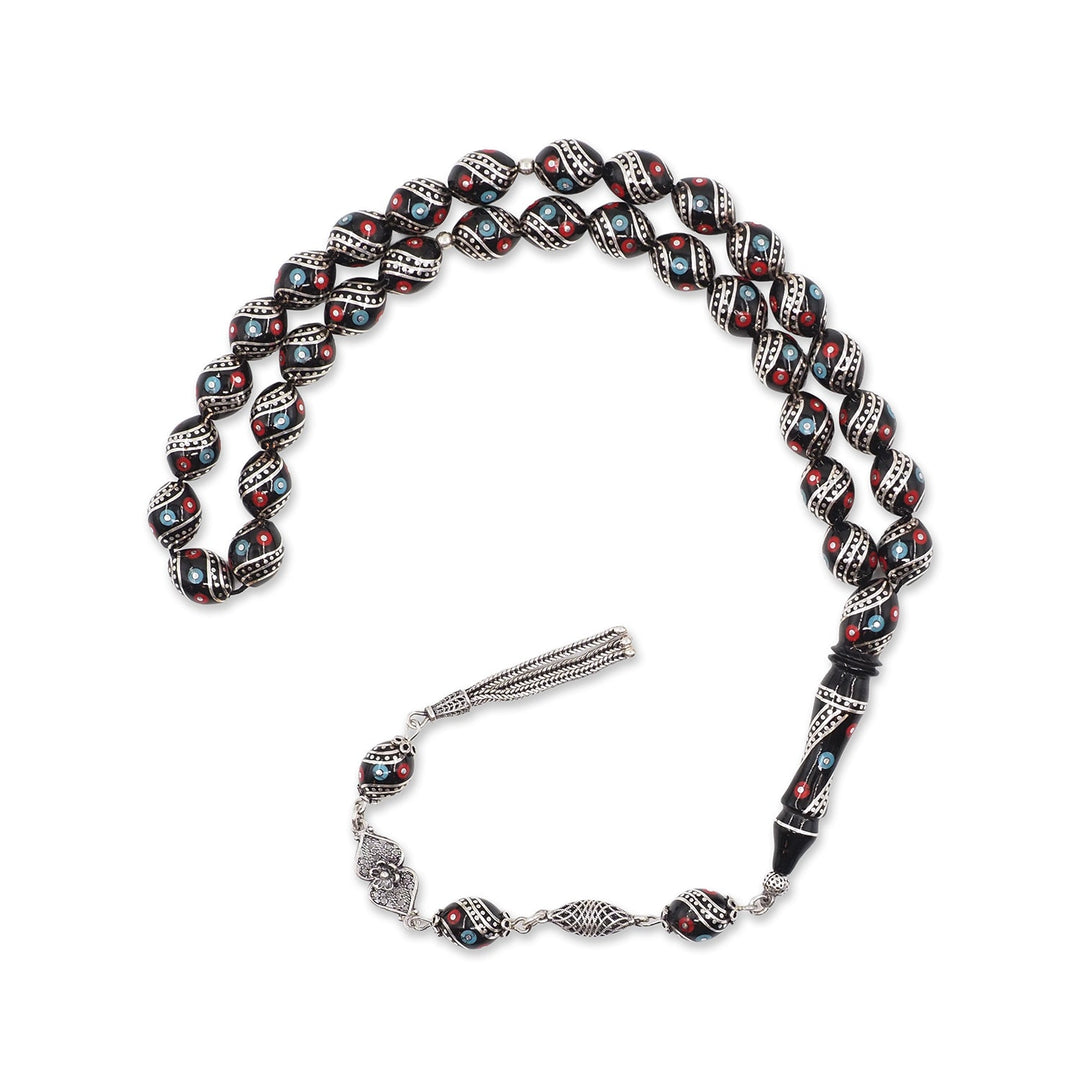 Mastercrafted Original Oltu Stone Tasbeeh with Coral, Turquoise &amp; Silver Inlay and Silver Tassel – WATD839