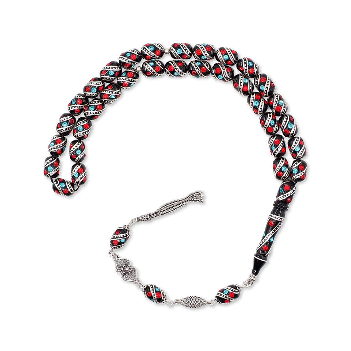 Mastercrafted Original Oltu Stone Tasbeeh with Coral, Turquoise &amp; Silver Inlay and Silver Tassel – WATD842