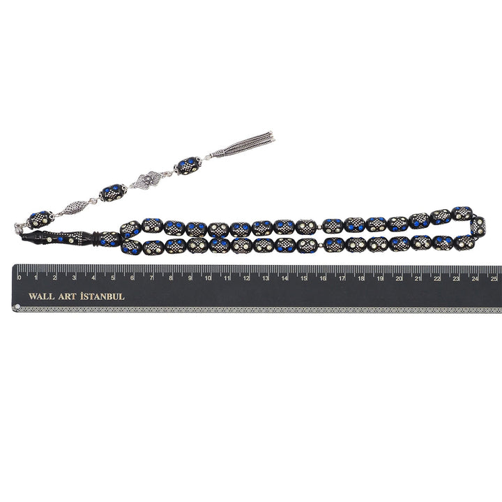 Mastercrafted Original Oltu Stone Tasbeeh with Turquoise &amp; Silver Inlay and Silver Tassel – WATD843