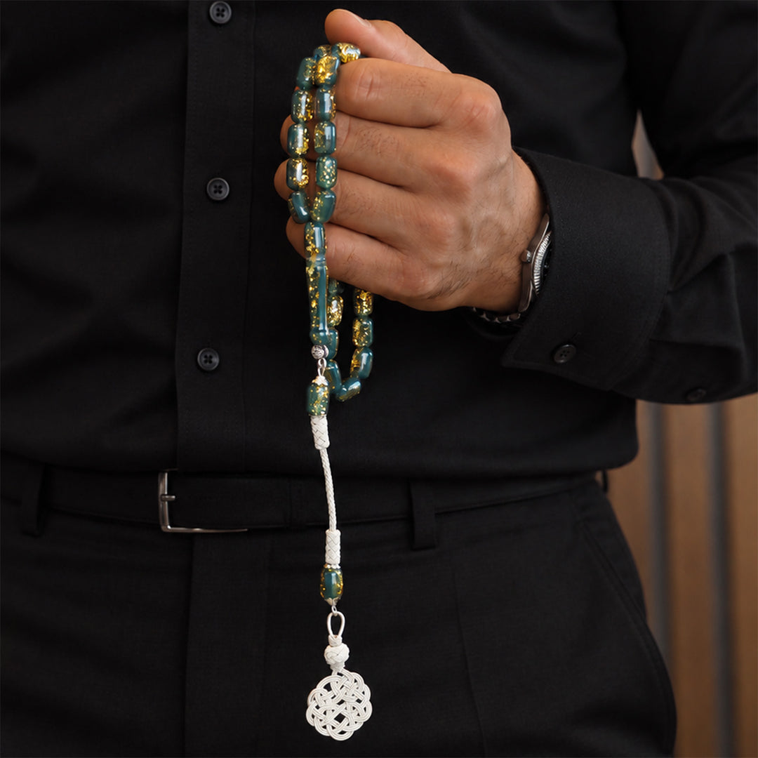Gold-Leafed Plexiglass Capsule-Cut Tasbeeh with Kazaz Tassel - WATD979