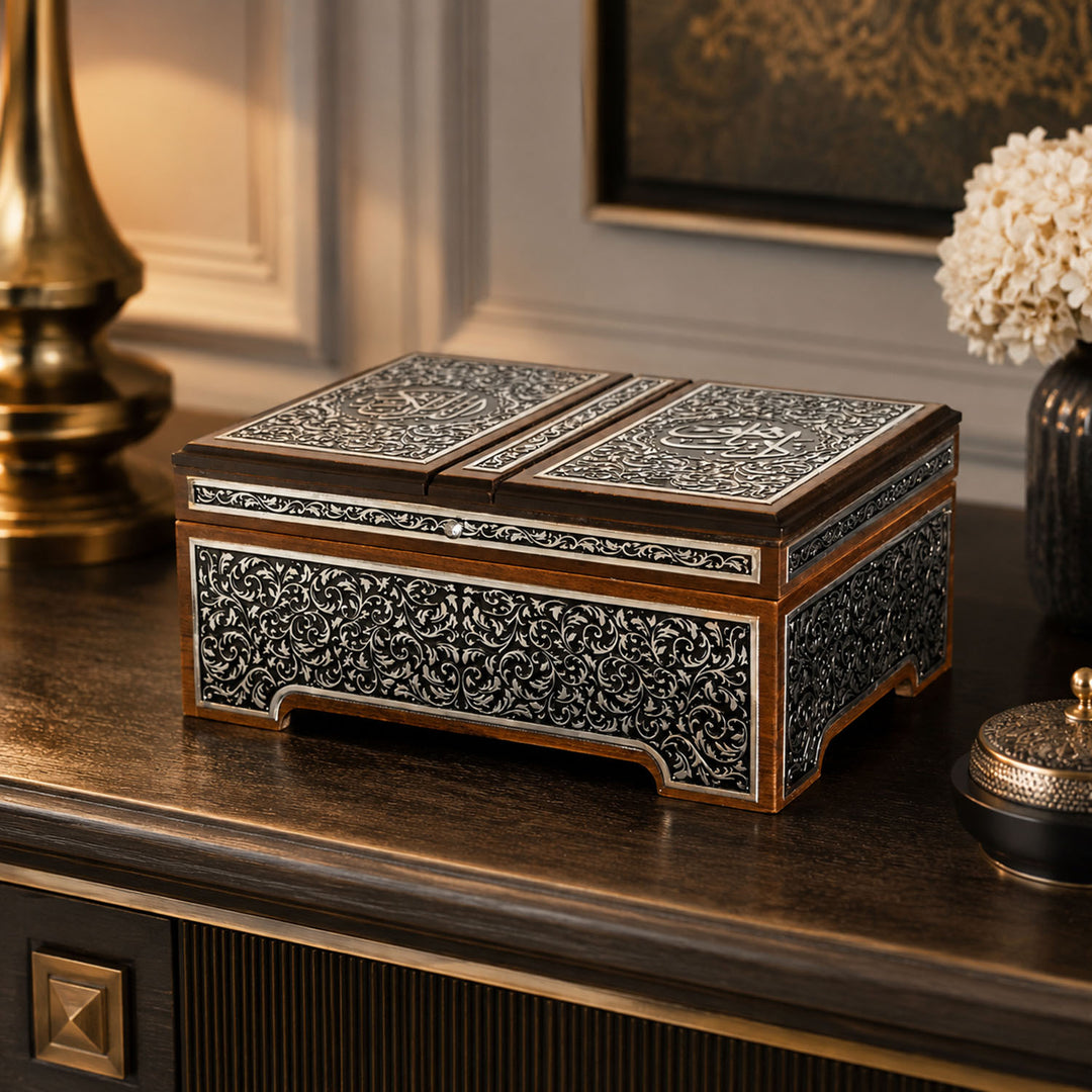 Premium Wooden Quran Stand and Quran with Silver Engravings - WAP014