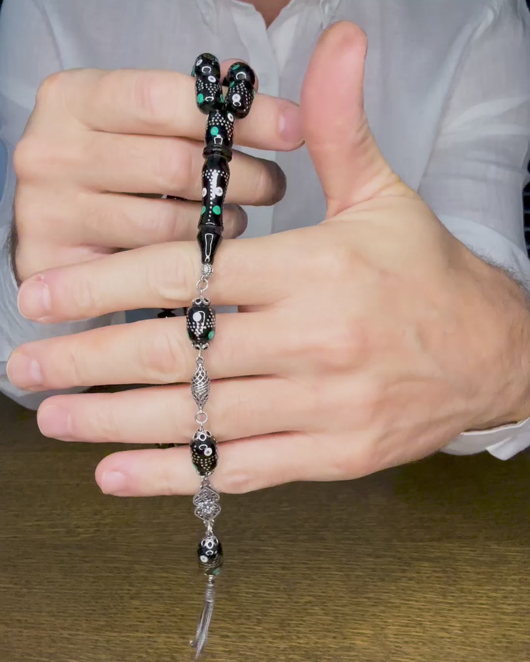 Mastercrafted Original Oltu Stone Tasbeeh with Turquoise Inlay and Silver Tassel – WATD844