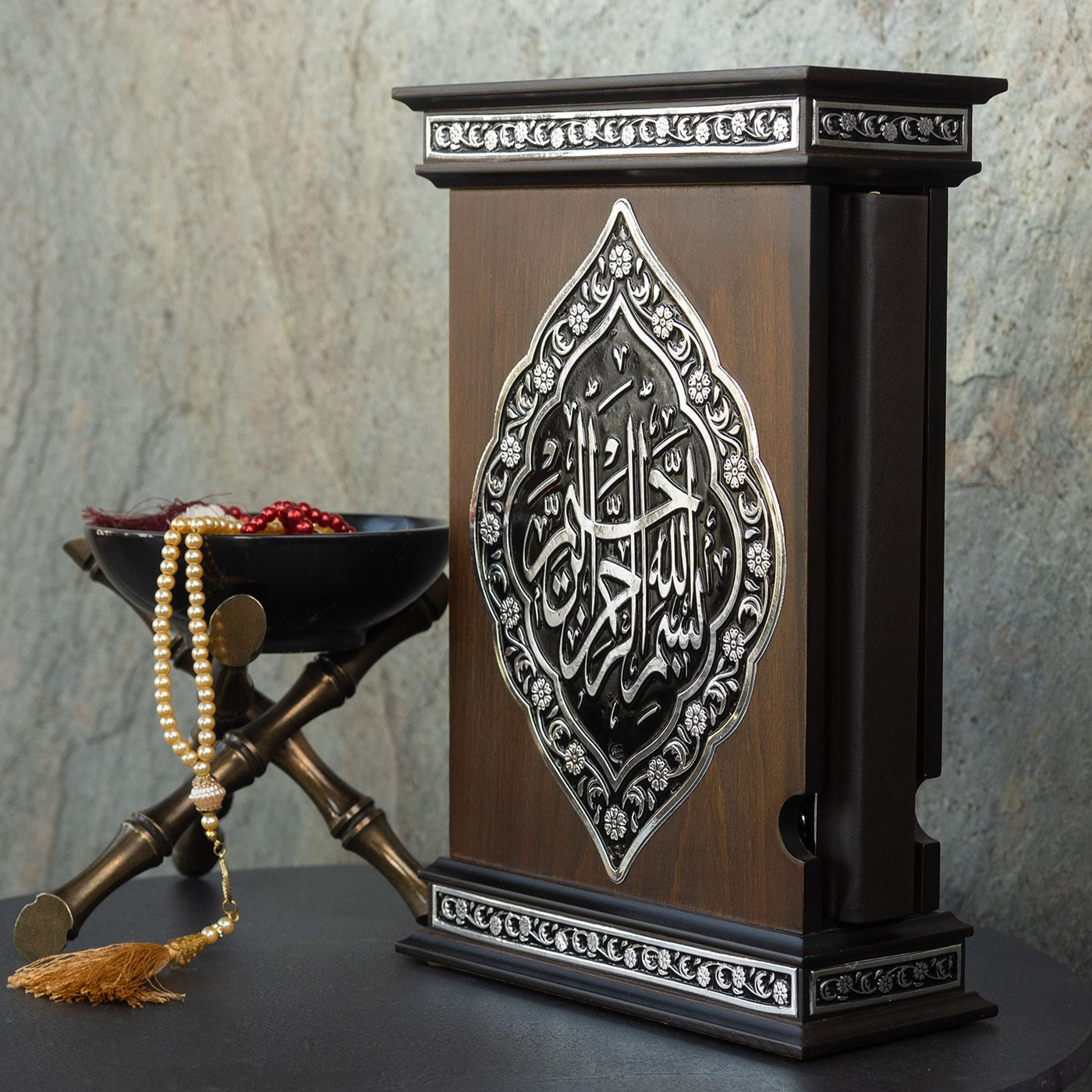 Handmade Wooden Quran Box and Quran with Copper Engravings - WAP015