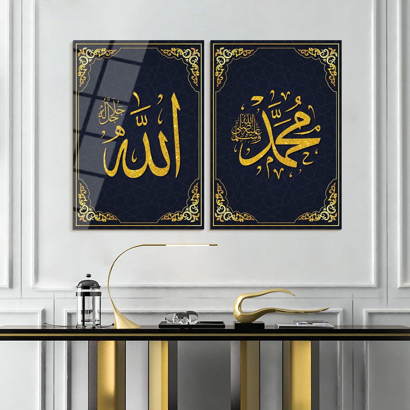 مجموعة لوحات فنية جدارية إسلامية من الزجاج المكتوب الله ومحمد، قطعتين - WTC003
